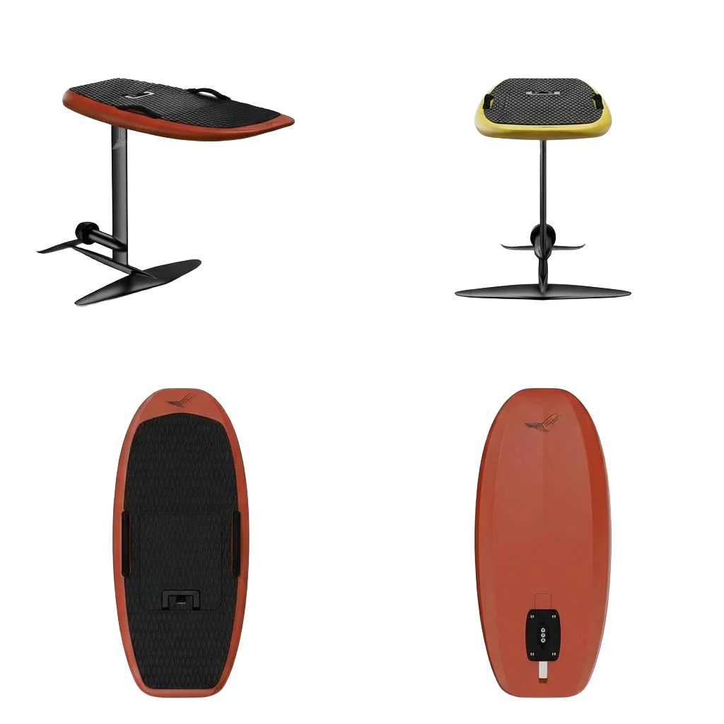 Product renders of two eFoil boards showing the deck pads, mast and wing assemblies and the underside battery hatch
