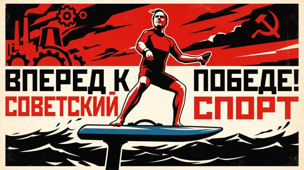 Soviet style propaganda poster of an eFoil rider captioned Forward to Victory, a Verdant Ride hero illustration
