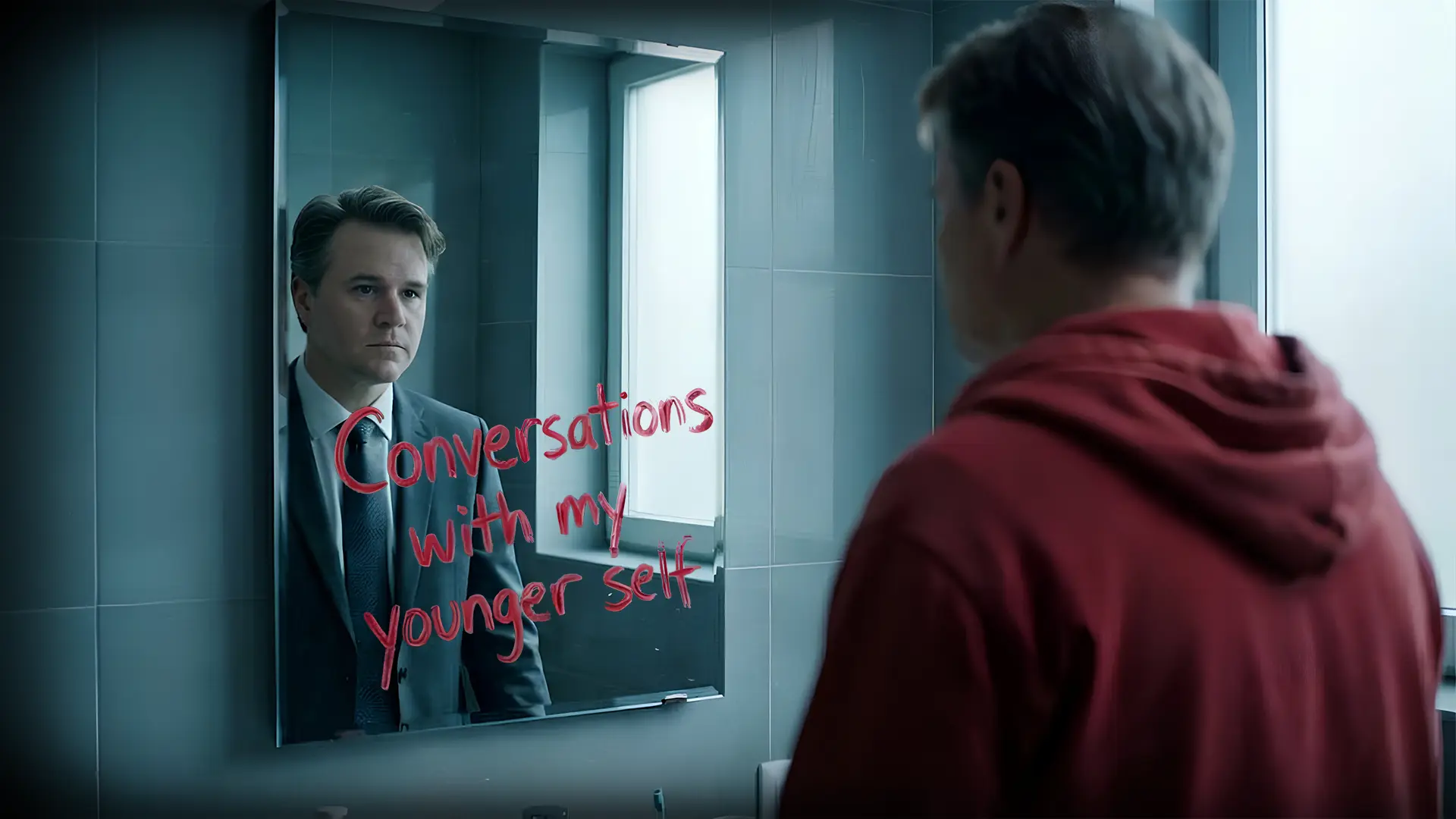 man looks at is younger self in the mirror