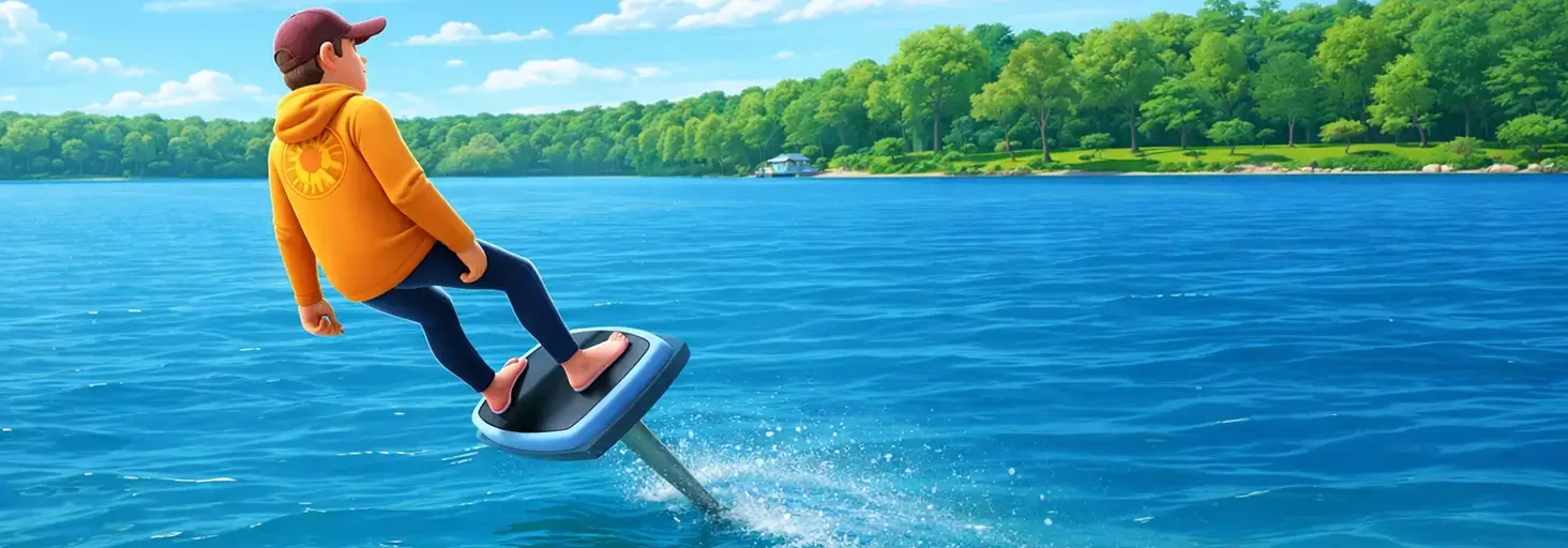 3D rendered pixar style efoilier in a yellow surf shirt and red hat