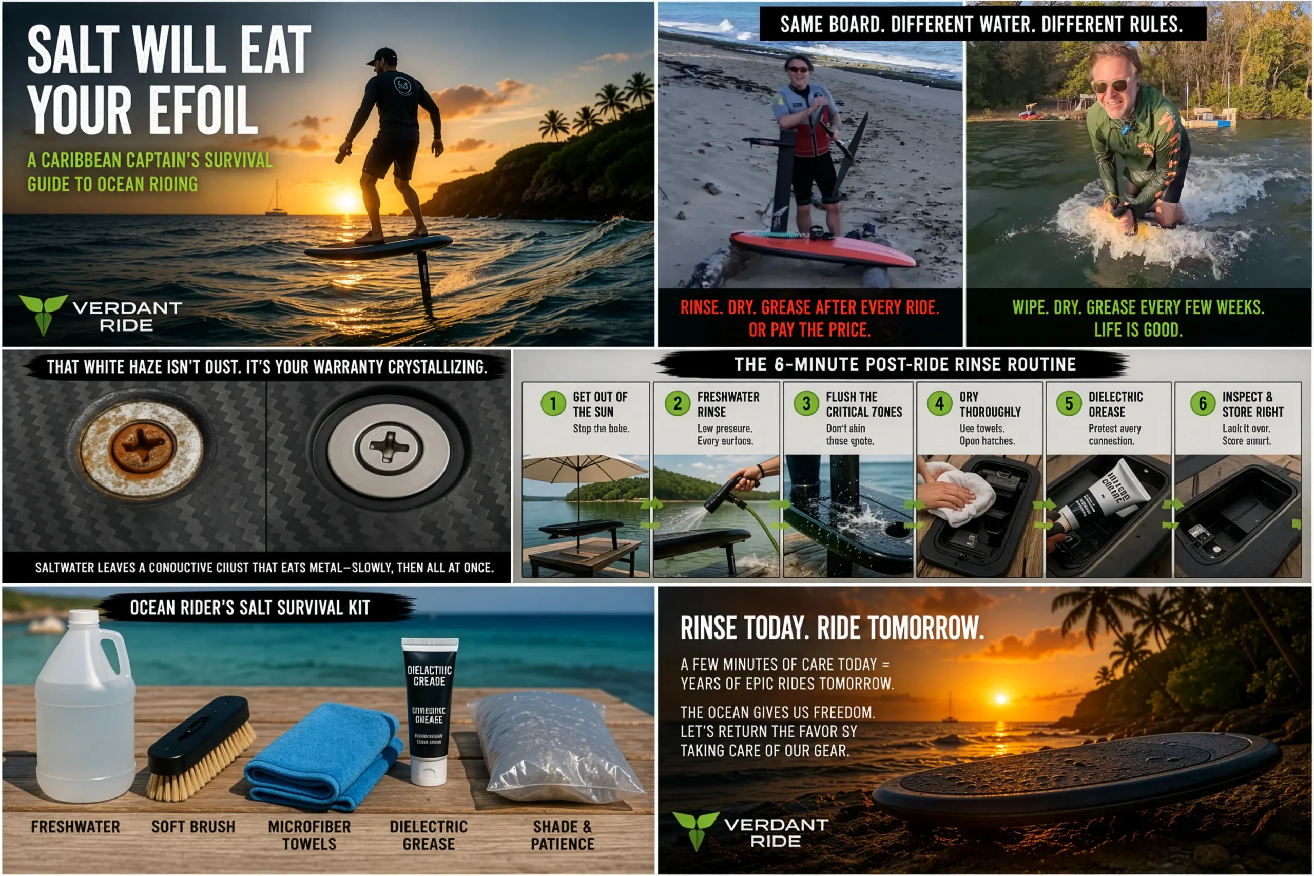 Salt Will Eat Your eFoil — composite visual guide showing ocean rider at sunset, same-board-different-water contrast between Captain Riptide and Stephan, corrosion before/after, six-minute post-ride rinse routine, salt survival kit, and a rinse-today-ride-tomorrow closing scene