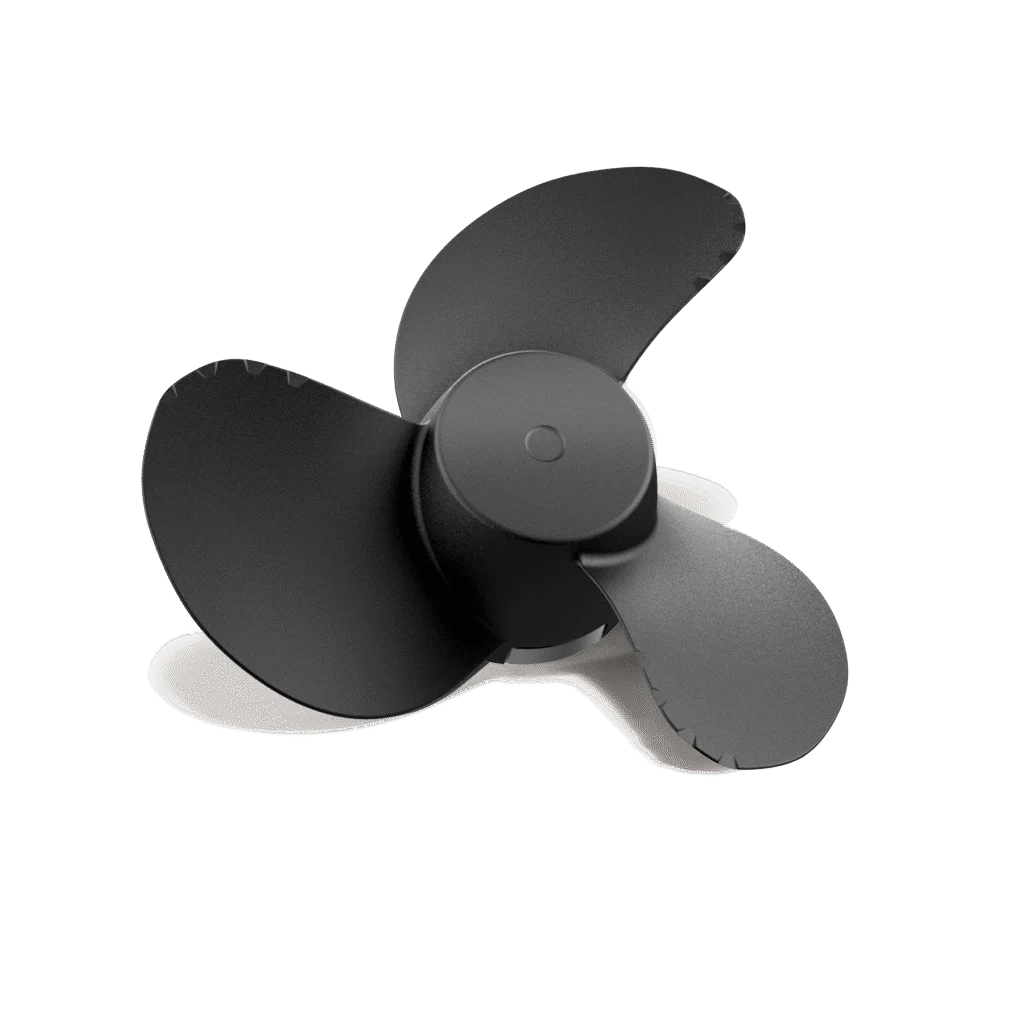 Three blade eFoil propeller shown against a green background, the most common propulsion type on electric hydrofoil boards