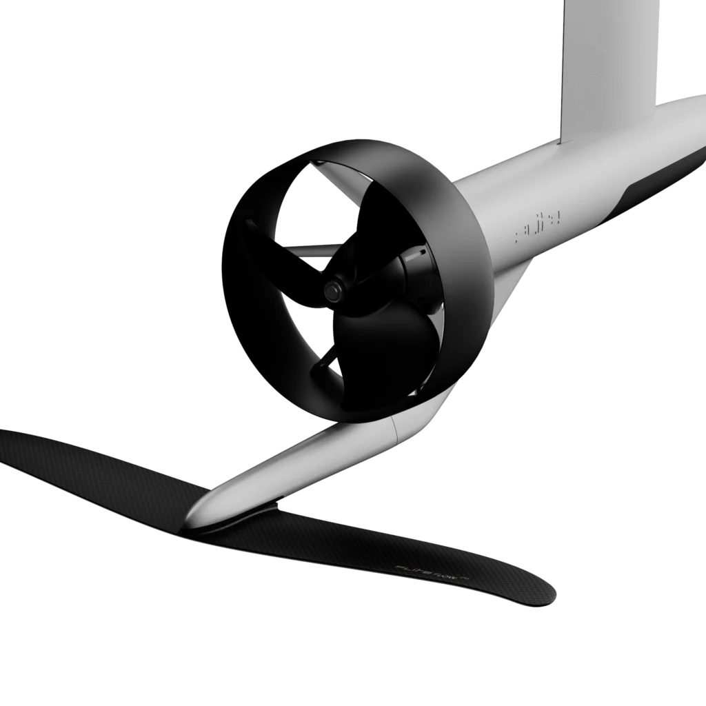 Ducted eFoil propeller enclosed in a shroud on the mast, a design that trades top speed for rider safety