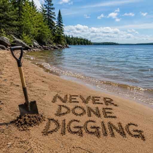 Ego Autopsy cover for Never Done Digging, a shovel stuck in the sand beside the title scratched into a lakeshore