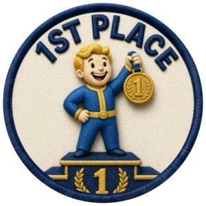 Verdant Ride 1st Place badge — embroidered navy-ringed patch showing a rider holding up a gold medal, standing on a podium block numbered 1