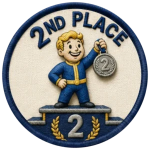 Verdant Ride 2nd Place badge — embroidered navy-ringed patch showing a rider holding up a silver medal, standing on a podium block numbered 2