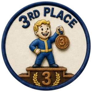 Verdant Ride 3rd Place badge — embroidered navy-ringed patch showing a rider holding up a bronze medal, standing on a podium block numbered 3