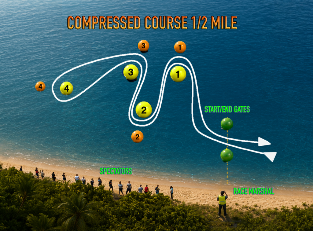 Compressed race course diagram showing the four yellow turn marks in a line and the green start and finish gate