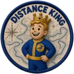 "Distance King" embroidered patch features a man wearing a crown in front of nautical maps.