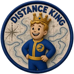 "Distance King" embroidered patch features a man wearing a crown in front of nautical maps.