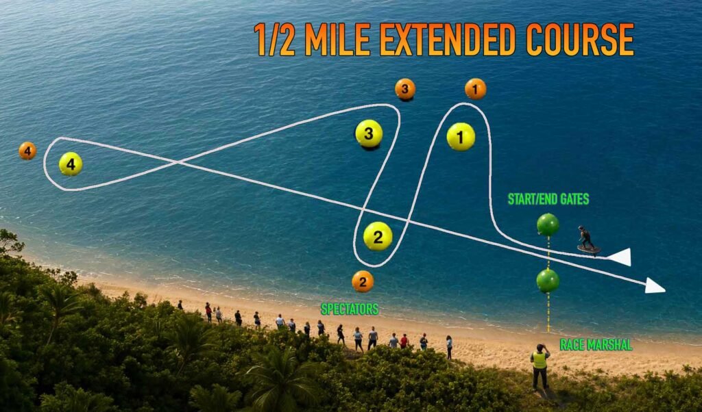 Extended race course diagram showing the four yellow turn marks and the green start and finish gate