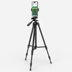 Smartphone locked into a tripod aimed at the start gate to time an eFoil race with the Race Marshal app