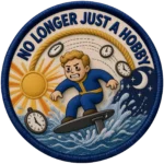 Embroidered patch of a man riding an efoil day and night. "No longer just a hobby" is written above
