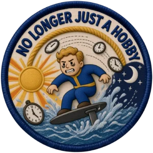 Embroidered patch of a man riding an efoil day and night. "No longer just a hobby" is written above
