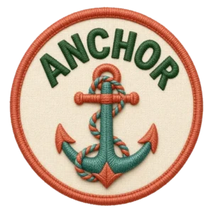 Verdant Ride Anchor badge: an embroidered patch, a rope-wrapped anchor, cream field with a rust border.
