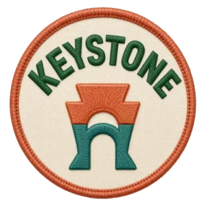 Verdant Ride Keystone badge: an embroidered patch, a keystone shape, cream field with a rust border.