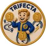 Verdant Ride Trifecta badge: an embroidered patch, a rider flanked by three first-place medals, a route, a speedometer and a stopwatch, cream field with a gold border.