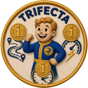 Verdant Ride Trifecta badge: an embroidered patch, a rider flanked by three first-place medals, a route, a speedometer and a stopwatch, cream field with a gold border.