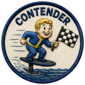 Verdant Ride Contender badge — embroidered navy-ringed patch showing a rider carving an eFoil past a checkered flag