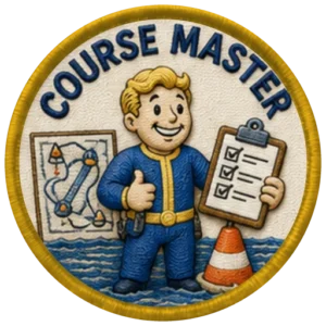 Verdant Ride Course Master badge — embroidered navy-ringed patch showing a gold-ringed patch of a rider holding a clipboard beside a race course map