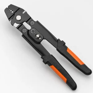 Two-in-one wire rope cutting and crimping tool with orange handles for building eFoil race course anchor lines