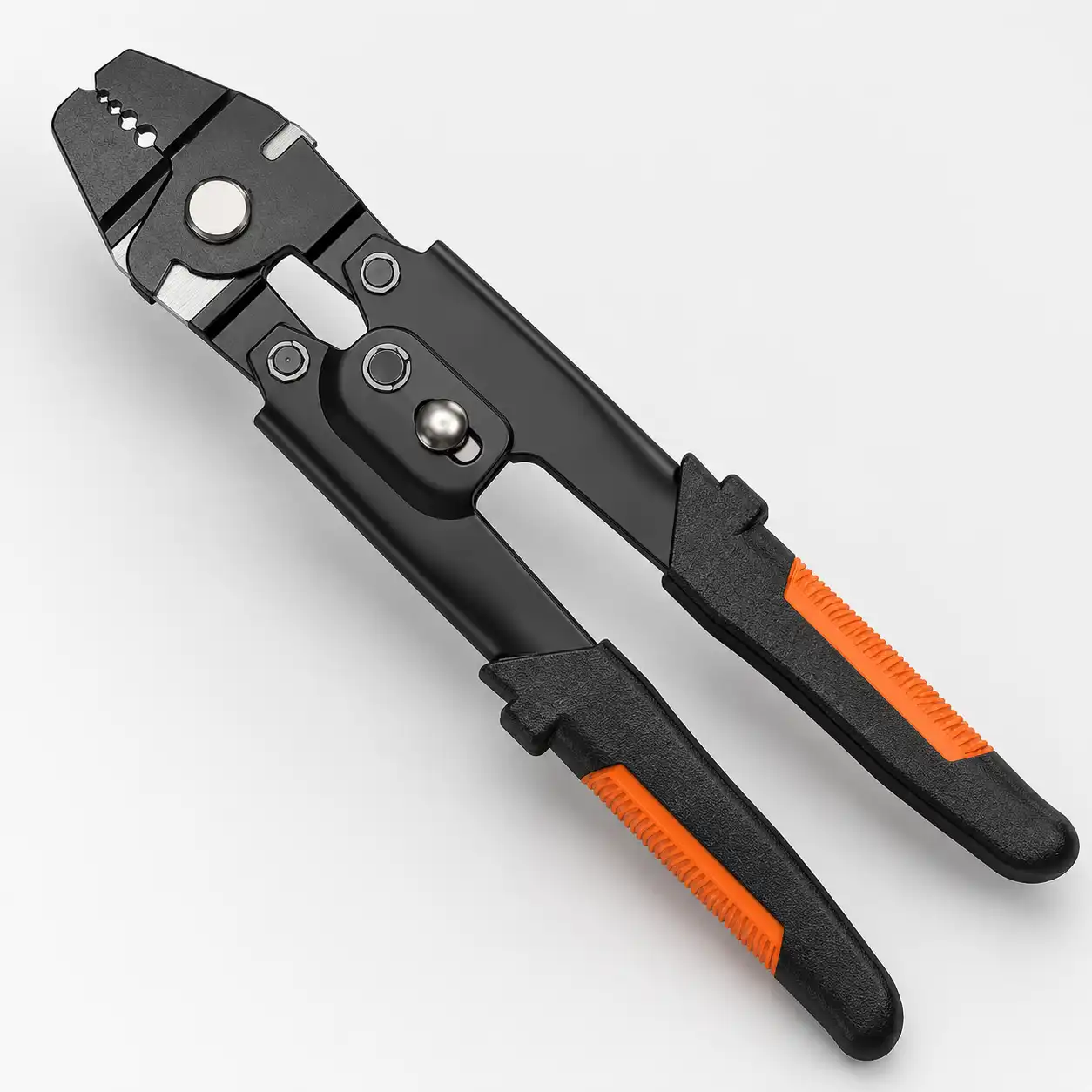 Two-in-one wire rope cutting and crimping tool with orange handles for building eFoil race course anchor lines