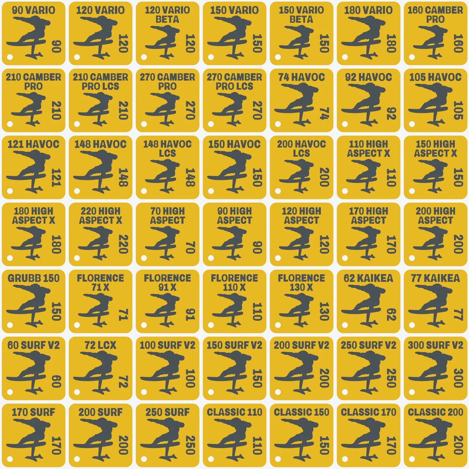 Grid of 49 3D printed eFoil gear tags, one for every Lift Foils front wing