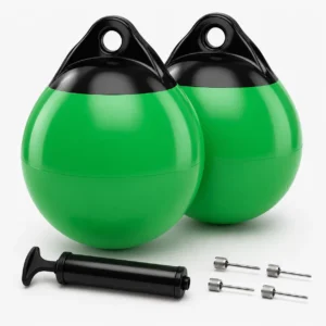 Pair of green inflatable buoys with hand pump and needles for an eFoil race start and finish gate