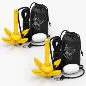 Two yellow folding grapnel anchor kits with rope, float and carry bags for anchoring eFoil race course buoys