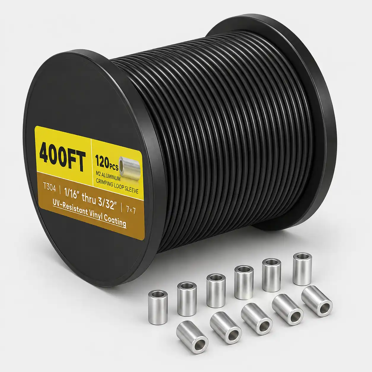 400 foot spool of vinyl coated stainless steel wire rope with crimping sleeves for a season-long eFoil race course