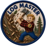Log Master achievement patch shows a lumberjack chopping down a tree