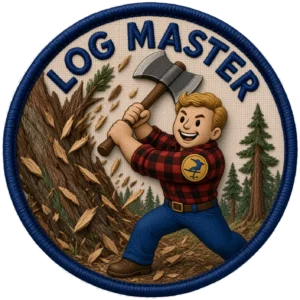 Log Master achievement patch shows a lumberjack chopping down a tree
