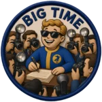 Embroidered patch of a man signing autographs and the press surrounds him with cameras