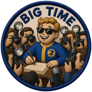 Embroidered patch of a man signing autographs and the press surrounds him with cameras