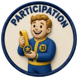 Verdant Ride Participation badge — embroidered navy-ringed patch showing a rider giving a thumbs up
