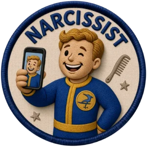 Embroidered patch of a narcissist takes a selfie winking at the camera phone