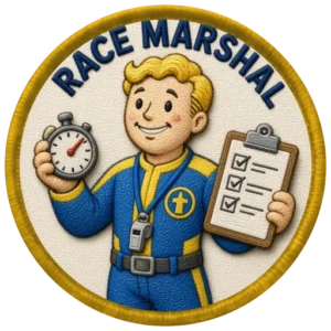 Verdant Ride Race Marshal badge — embroidered navy-ringed patch showing a gold-ringed patch of a rider holding a stopwatch and a clipboard