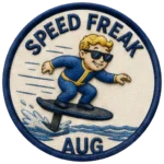 Verdant Ride Speed Freak badge for August — embroidered navy-ringed patch showing a rider crouched low on an eFoil with spray and speed lines behind, and AUG on the banner below