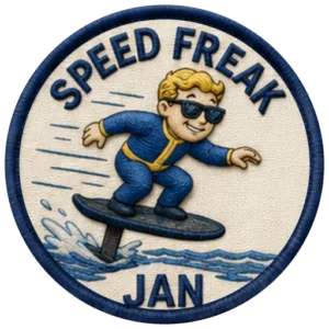 Verdant Ride Speed Freak badge for January — embroidered navy-ringed patch showing a rider crouched low on an eFoil with spray and speed lines behind, and JAN on the banner below