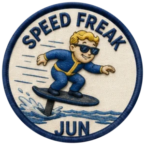 Verdant Ride Speed Freak badge for June — embroidered navy-ringed patch showing a rider crouched low on an eFoil with spray and speed lines behind, and JUN on the banner below