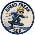 Verdant Ride Speed Freak badge for September — embroidered navy-ringed patch showing a rider crouched low on an eFoil with spray and speed lines behind, and SEP on the banner below