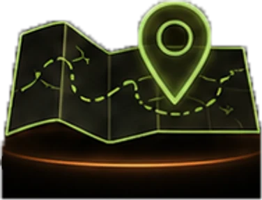 A dark folded map with a glowing route trace and a location pin