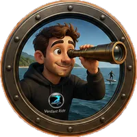 A rider in a black hoodie looking through a spyglass from a brass ship's porthole, with an eFoiler on the water behind him