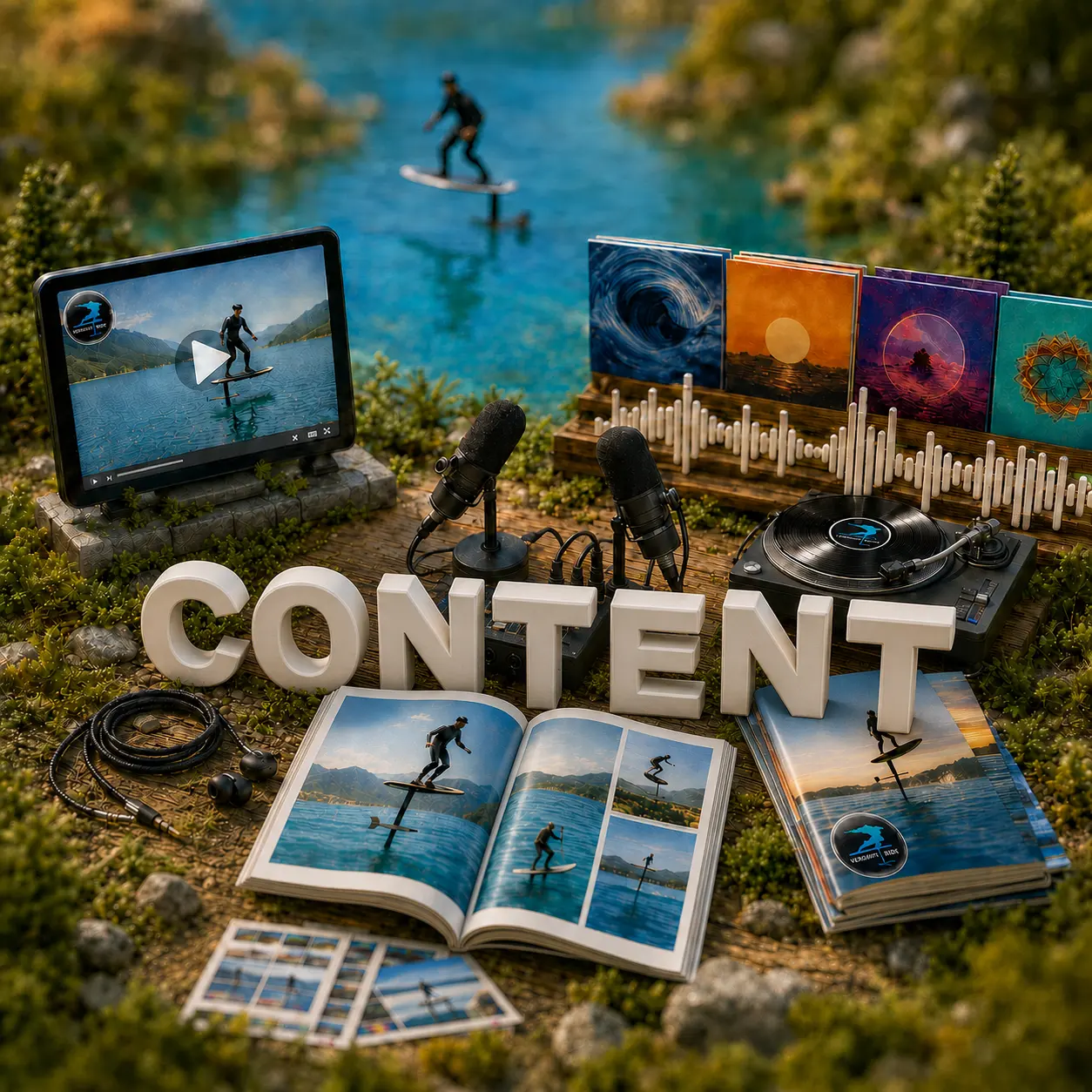 A miniature diorama for the Content section of Verdant Ride: the word CONTENT in tall white letters on a model shoreline, surrounded by a tablet playing an eFoil episode, four album covers above a sound waveform, two studio microphones, a record on a turntable, an open magazine of eFoil photographs, and a rider carving on the lake behind