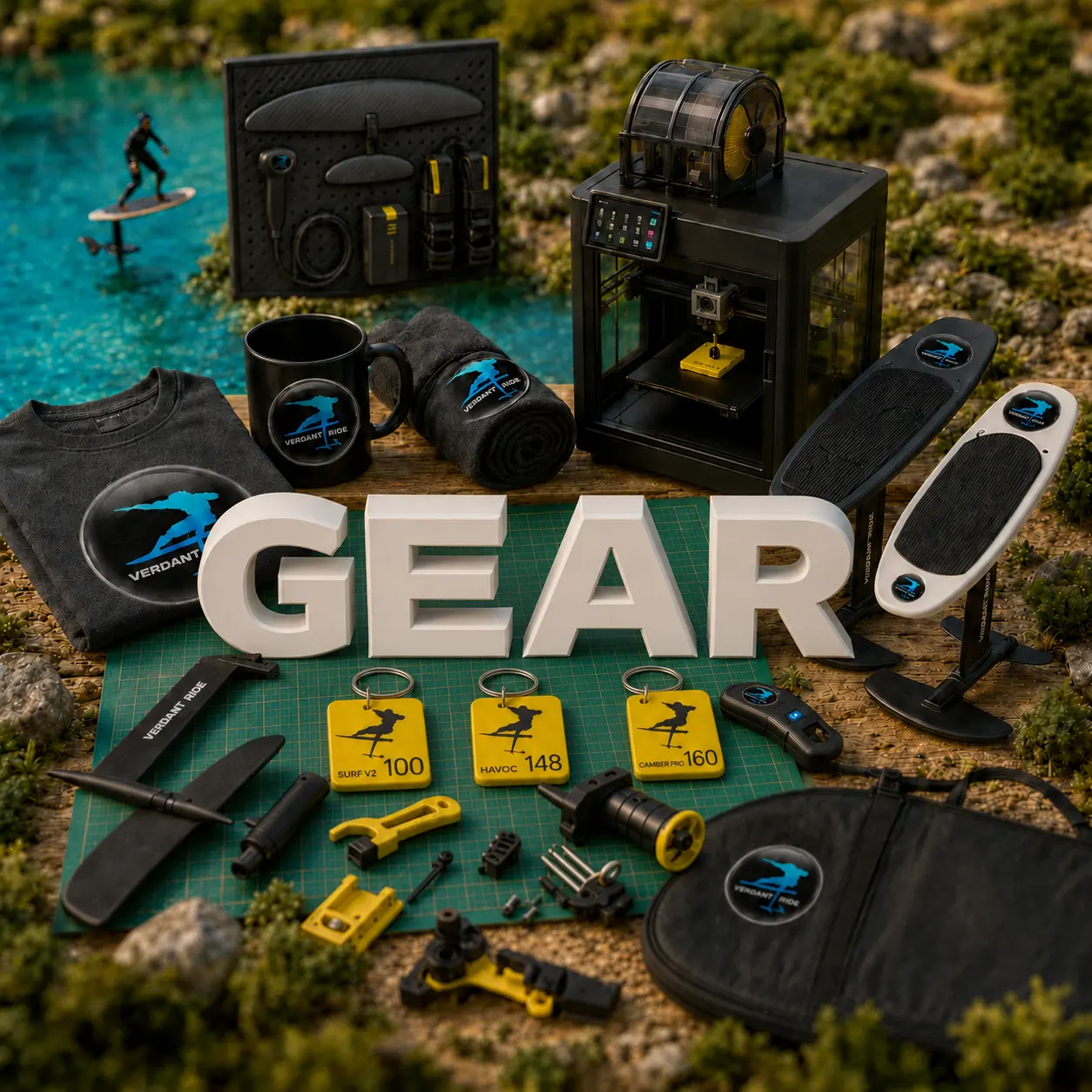 A miniature diorama for the Gear section of Verdant Ride: the word GEAR in tall white letters on a cutting mat, laid out with three yellow 3D printed keychain wing tags, a running 3D printer, eFoil boards on stands, a tool roll, a board bag, a Verdant Ride t-shirt, mug and towel, and a rider on the water behind
