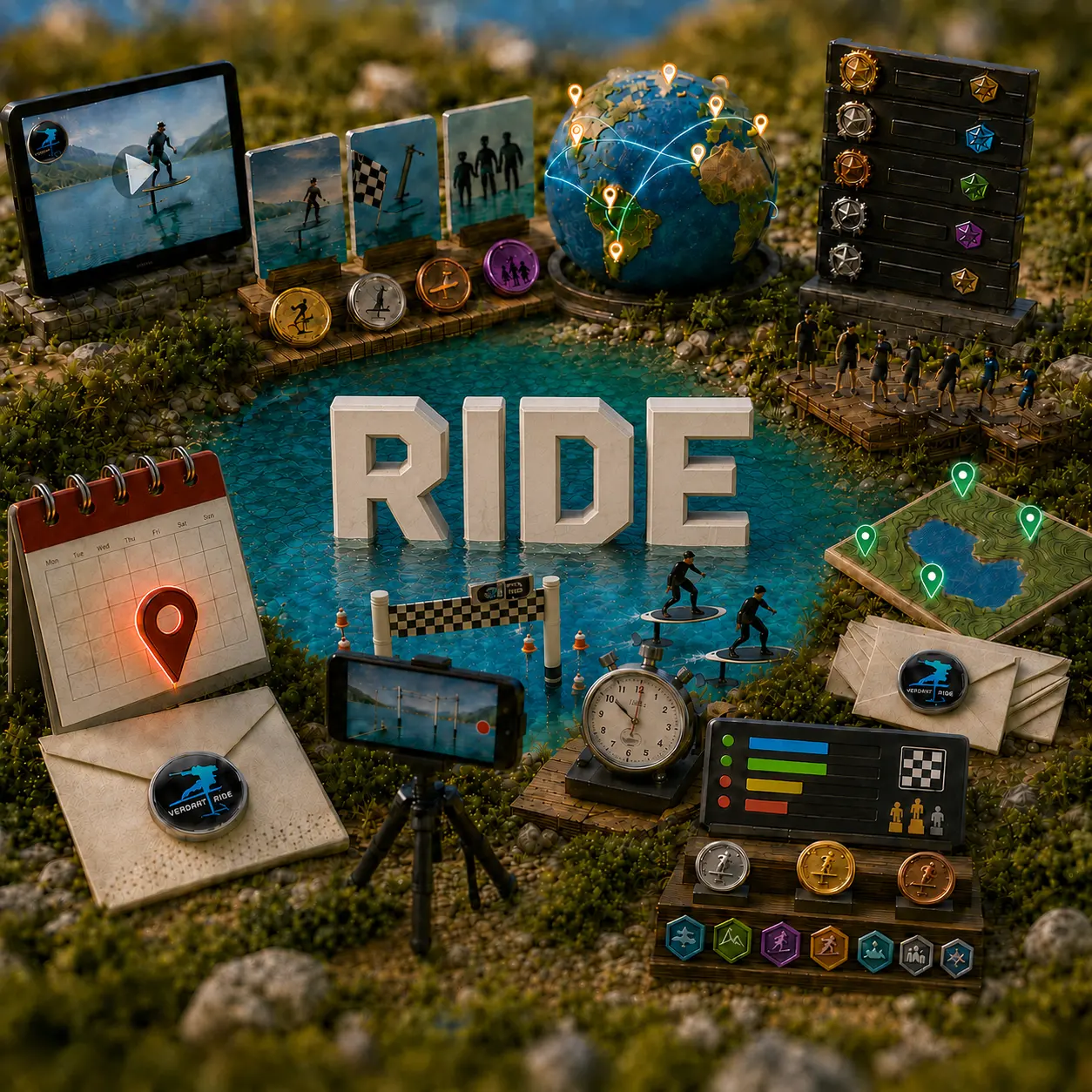 A miniature diorama for the Ride section of Verdant Ride: the word RIDE in tall white letters standing in a model lake, with riders racing through a chequered start and finish gate, a phone on a tripod timing them, a stopwatch, a globe strung with glowing ride pins, a wall of achievement medals and badges, a leaderboard, a calendar with a location pin, and invitations carrying the Verdant Ride emblem