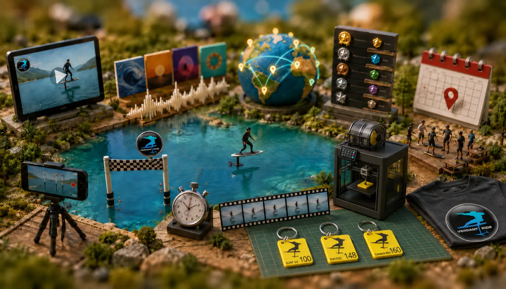 A miniature tilt-shift diorama of everything on Verdant Ride: an eFoil rider carving across a model lake, ringed by a video screen, album covers, a globe of ride pins, a wall of achievement badges, an events calendar, a phone on a tripod timing a race gate, a 3D printer making wing tags, and a Verdant Ride shirt