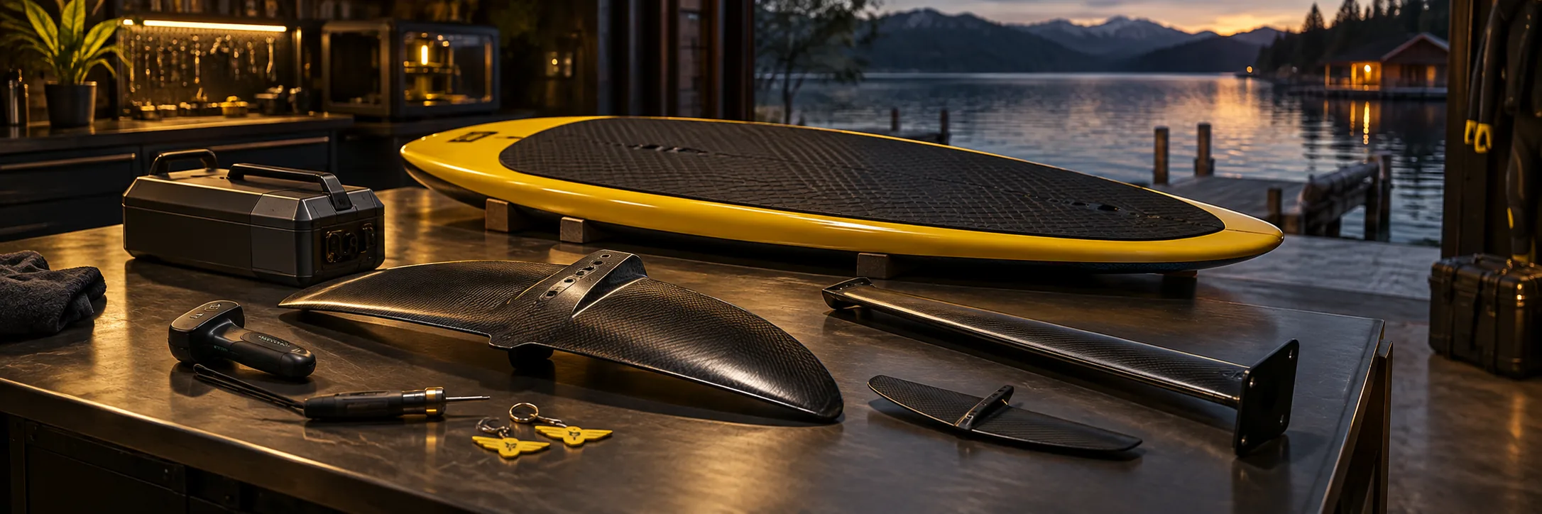 A yellow eFoil board on a workshop bench with the carbon mast, front wing and stabilizer laid out beside it